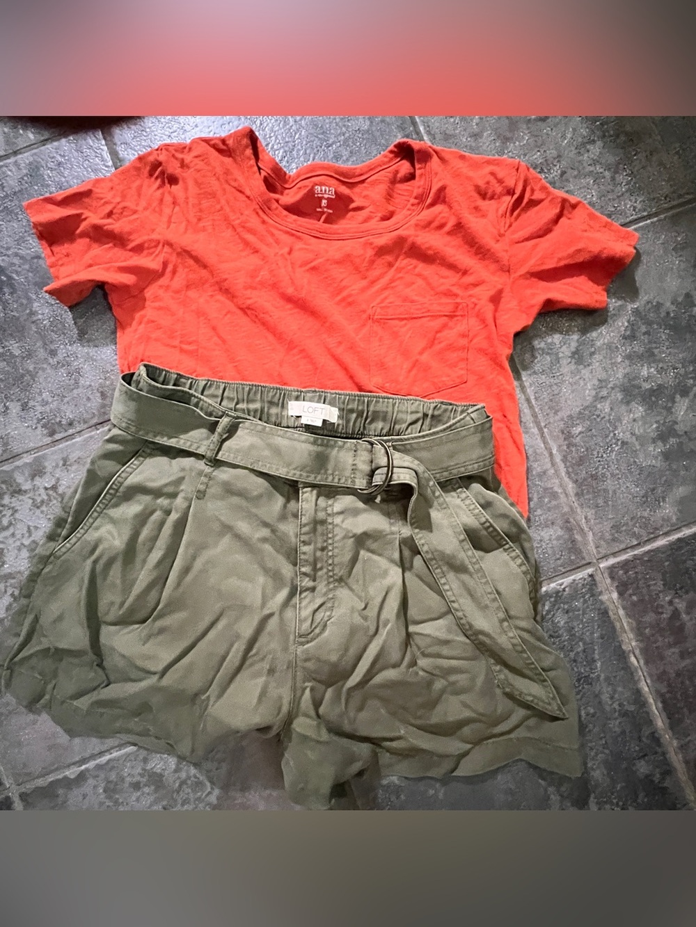 LOFT Olive Paperbag Belted Women's Shorts and cute dark orange t-shirt.